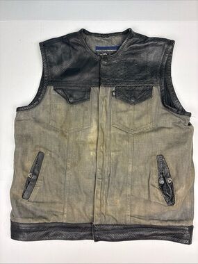 Daniel Smarl Biker Large Men Vest Gray Denim Faux Leather Trim Distressed Damage